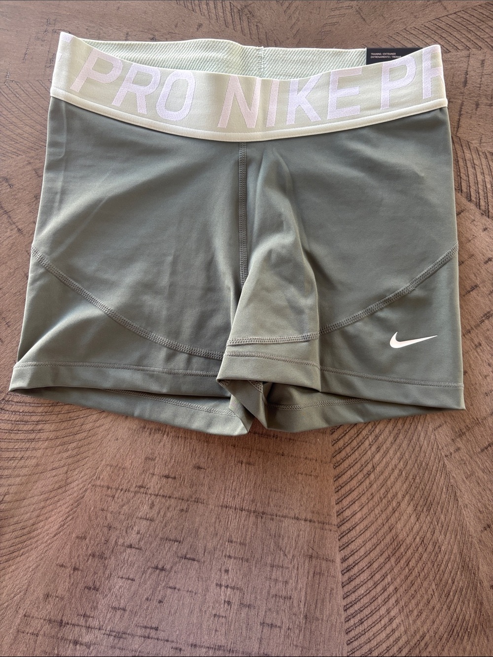 Nike Olive Green Pro Bike Shorts with White Swoosh and Pale Waistband